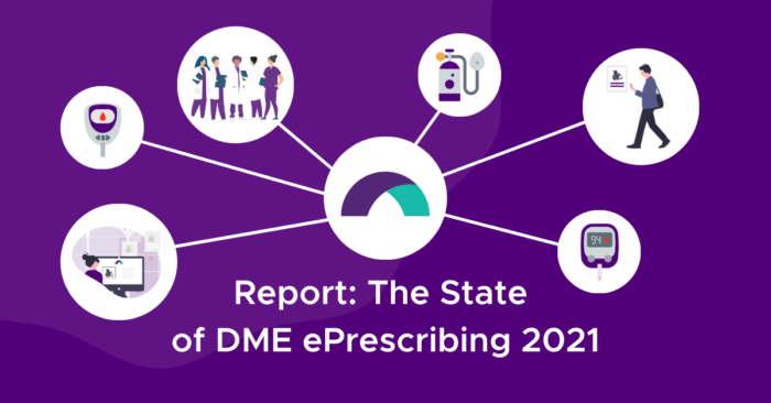 Report cover for The State of DME ePrescribing 2021 with icons on a purple background