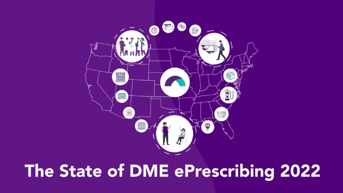 Map illustrating the state of DME ePrescribing in 2022 with icons representing healthcare solutions.